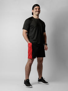 Red shorts with zipper pockets and adjustable waist